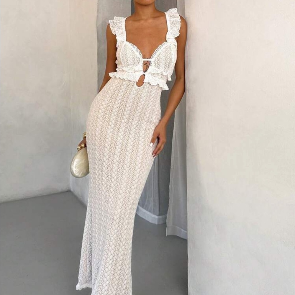 NWOT SHEIN BAE Summer White Sexy Crochet Textured Off-Shoulder Dress